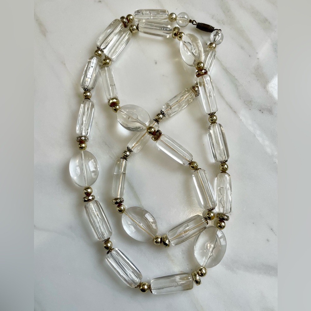 Estate lucite (Clear Glass?) Bead Necklace with Gold Accents and barrel clap